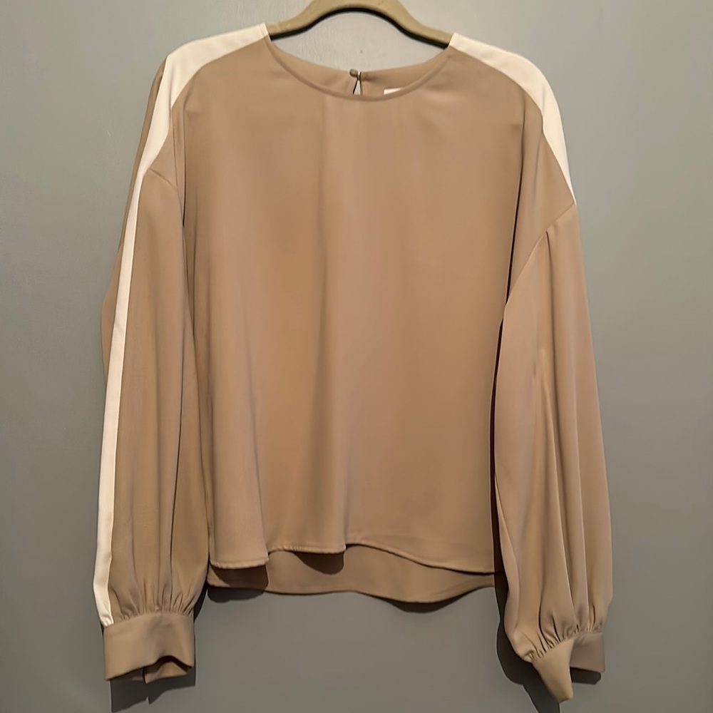 EXPRESS XL tan blouse/dress shirt with white stripe on sleeves